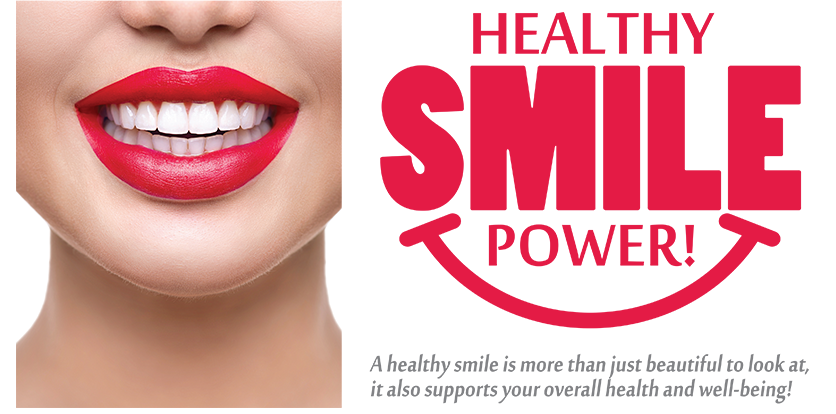 The image features a close-up of a person s face with red lipstick and a white background, promoting  Healthy Smile Power  with text indicating that it is an advertisement for smile care services.
